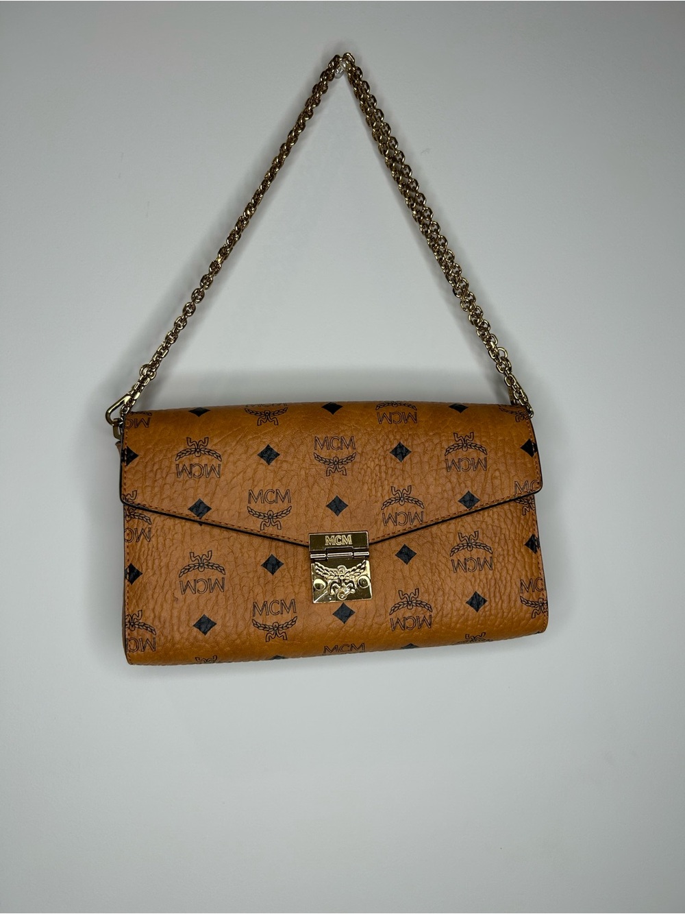 MCM Cognac Logo Visetos Shoulder Bag with Gold Chain